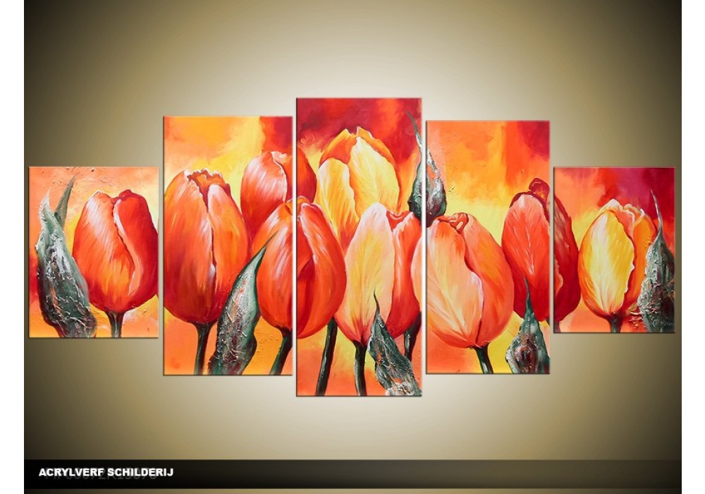 winnen Vlieger tweeling Acryl Schilderij Tulpen | Rood, Oranje, Geel | 150x70cm