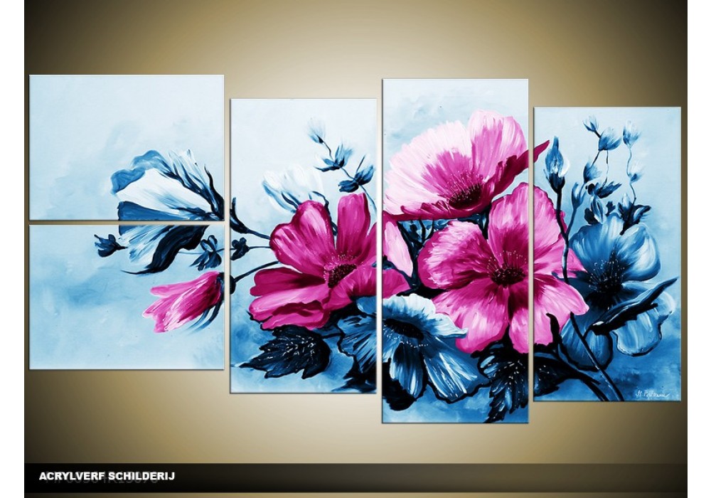 Hedendaags Acryl Schilderij Bloemen | Blauw, Roze | 130x70cm 5Luik FY-09
