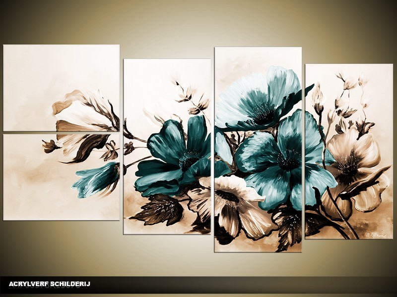 Beginner voor ziel Acryl Schilderij Bloemen | Bruin, Turquoise | 130x70cm